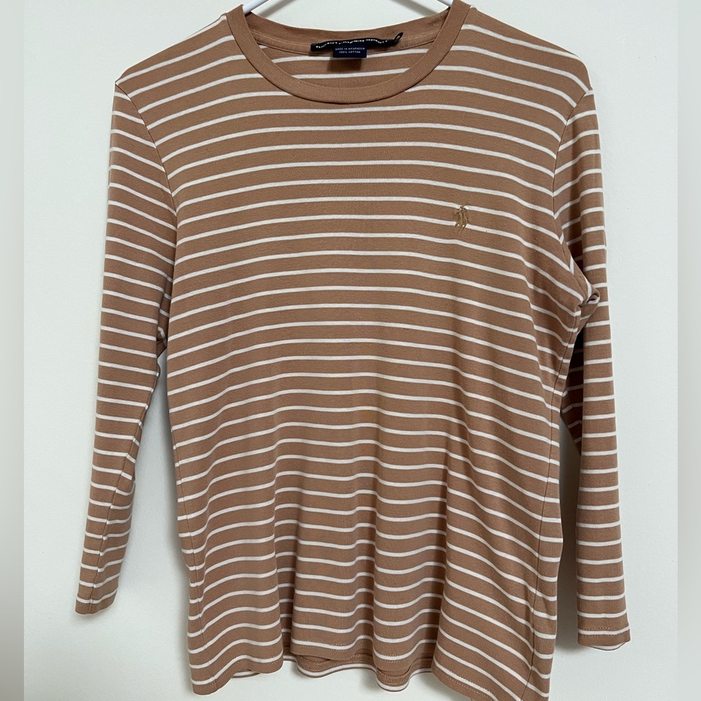 Ralph Lauren Women’s Striped Stretch Cotton Long Sleeve T-shirt, size L, beige